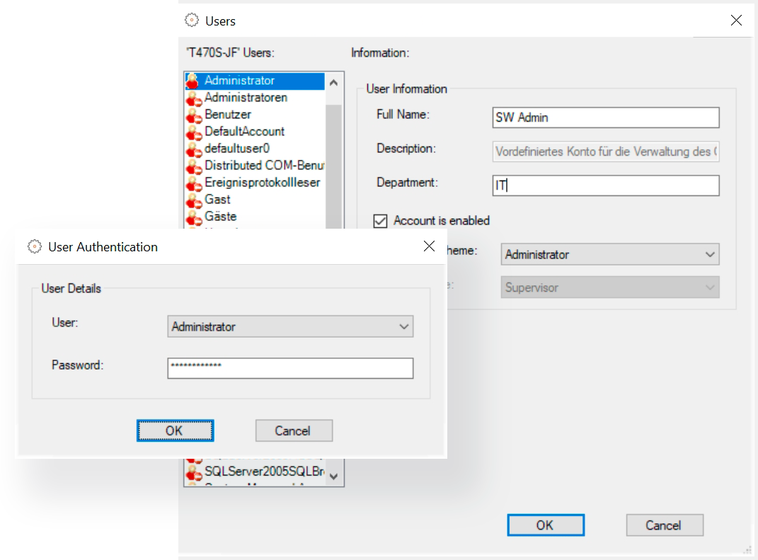 Security add on module Software interface showing the security add on module with the user administration panel open