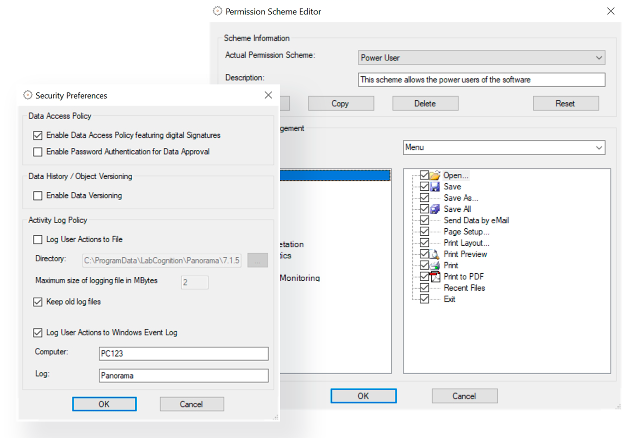 Security add on module Software interface showing security add on module with permission scheme open